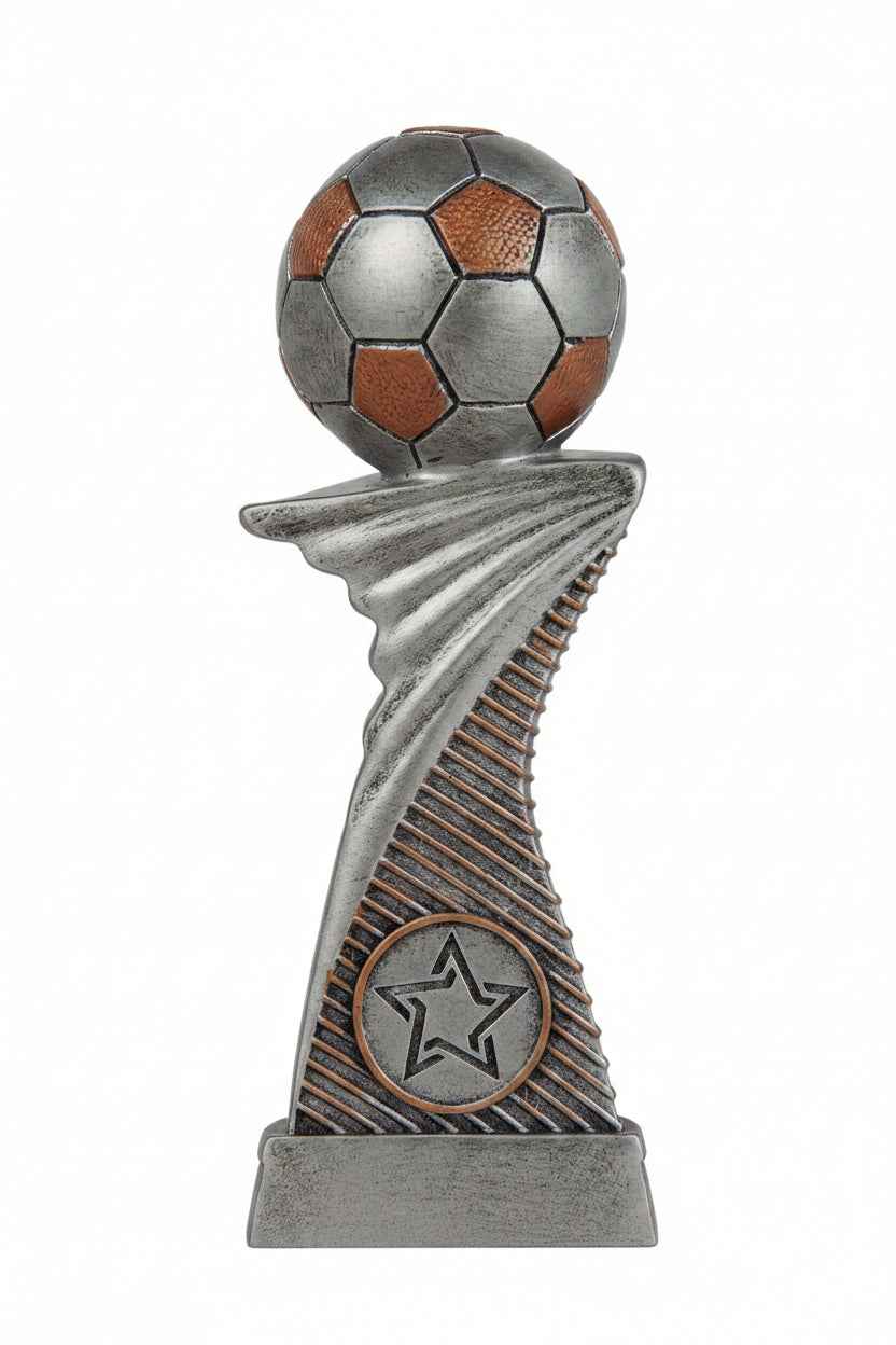 Trofeo Fútbol Plateado con Balón sobre Columna Torsionada y Medallón Estrella