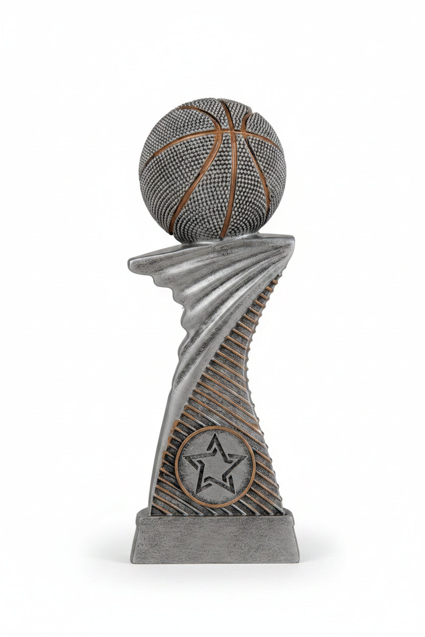 Trofeo Baloncesto Plateado con Balón sobre Columna Torsionada y Medallón Estrella 17 cm