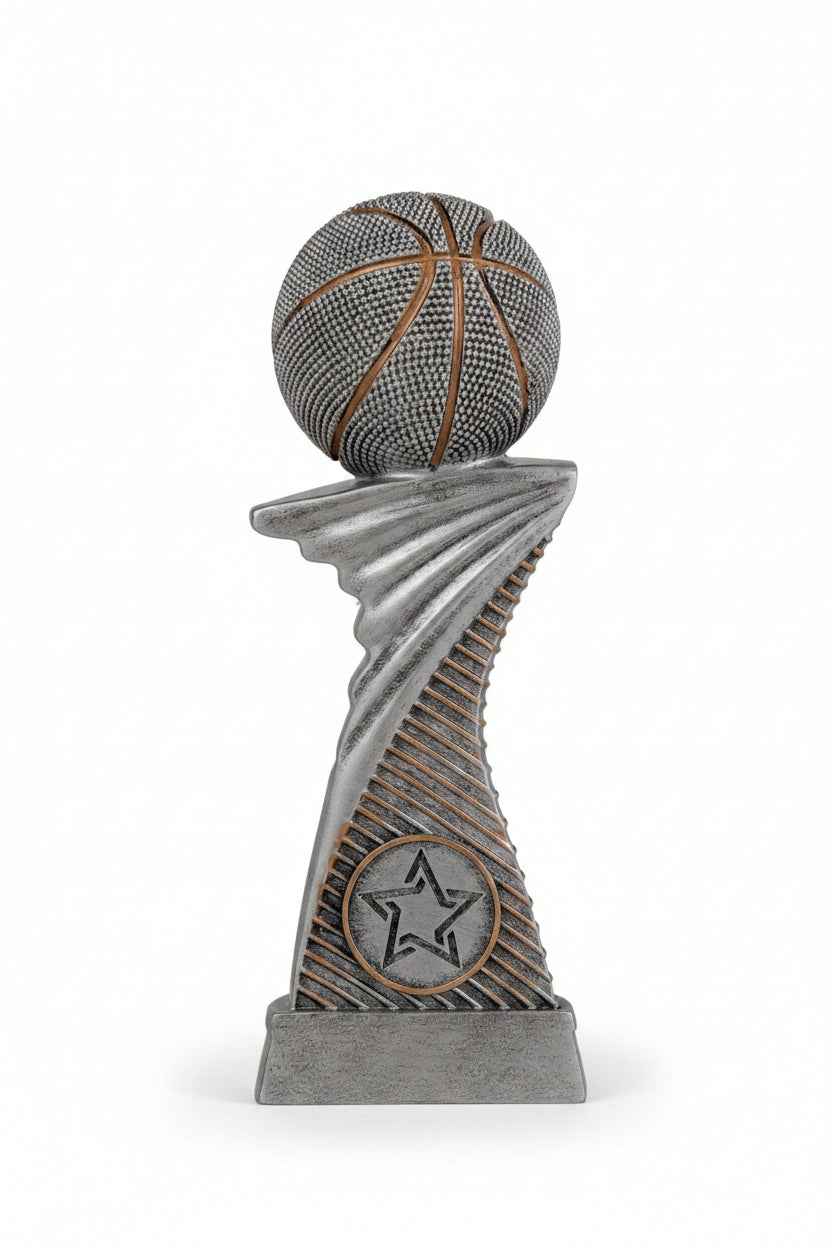 Trofeo Baloncesto Plateado con Balón sobre Columna Torsionada y Medallón Estrella