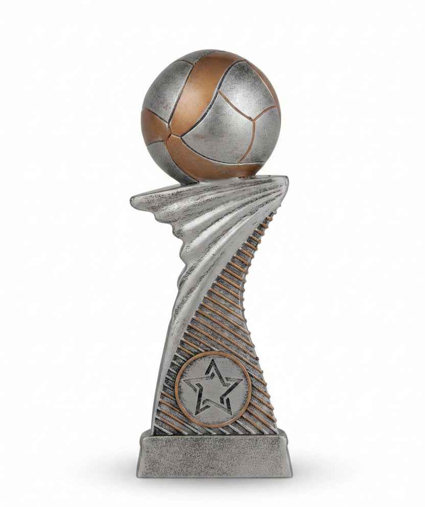 Trofeo Voleibol Plateado con Balón sobre Columna Torsionada y Medallón Estrella