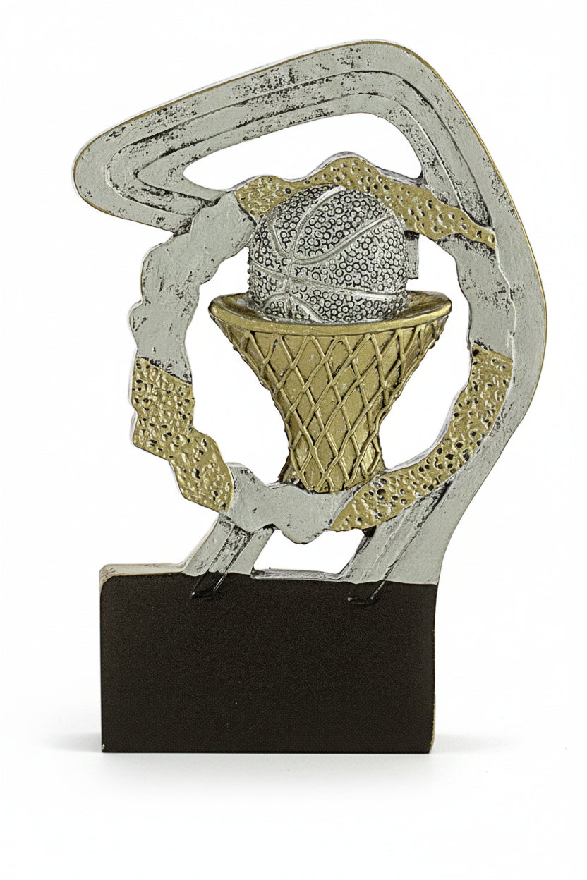 Trofeo Baloncesto Plateado y Dorado con Canasta y Balón sobre Marco Calado y Base Negra 12 cm