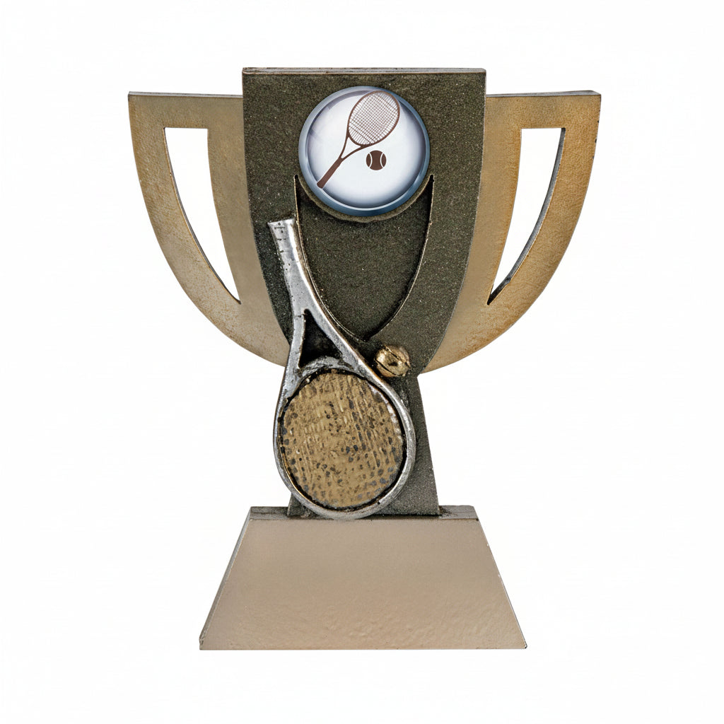 Trofeo Tenis Dorado con Copa Calada Raqueta Plateada y Pelota Dorada 14 cm
