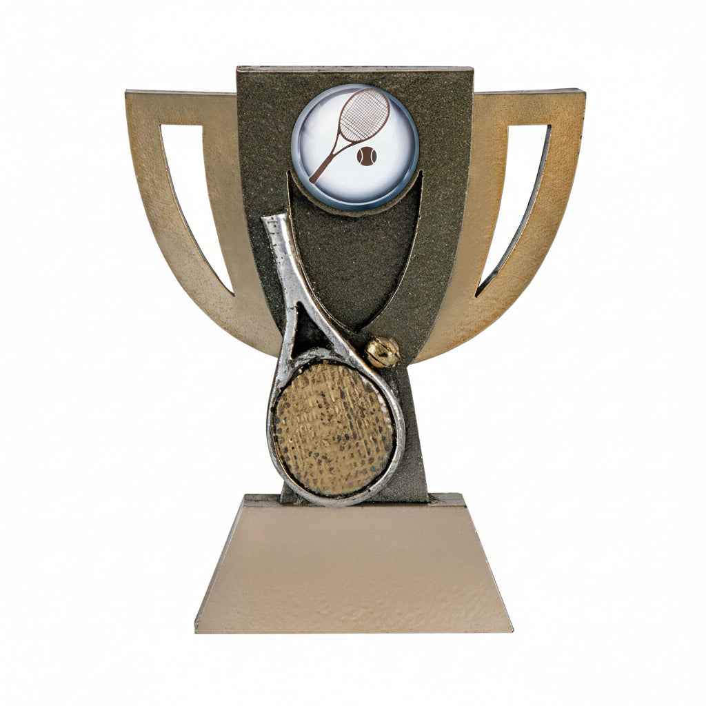 Trofeo Tenis Dorado con Copa Calada, Raqueta Plateada y Pelota Dorada