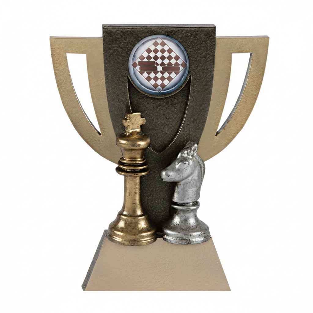 Trofeo Ajedrez Dorado con Copa Calada, Rey Dorado y Caballo Plateado