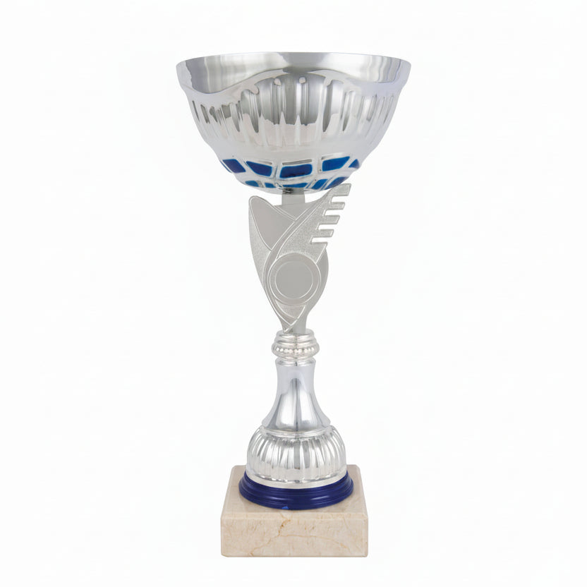 Copa Plateada con Cuenco Estriado Azul y Tallo con Medallón Calado