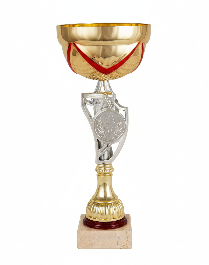 Copa Dorada con Cuenco Texturizado Rojo y Tallo Bicolor con Escudo