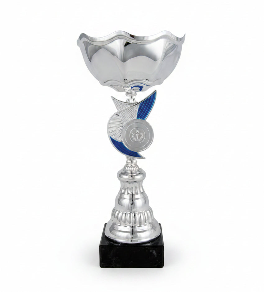 Copa Plateada con Cuenco Ondulado y Tallo Bicolor Azul con Medallón