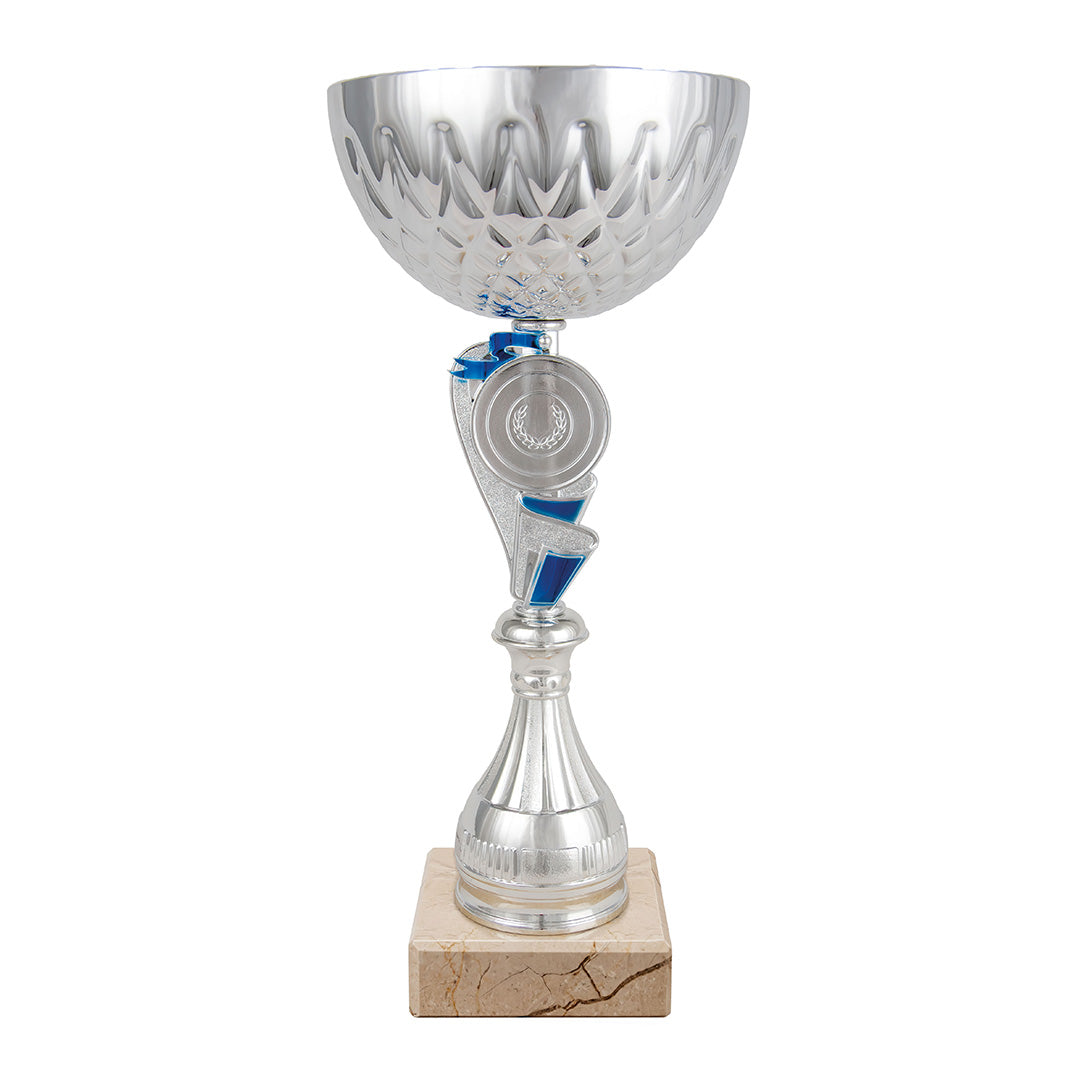 Copa Plateada con Cuenco Calado Corona y Tallo Asimétrico Bicolor Azul