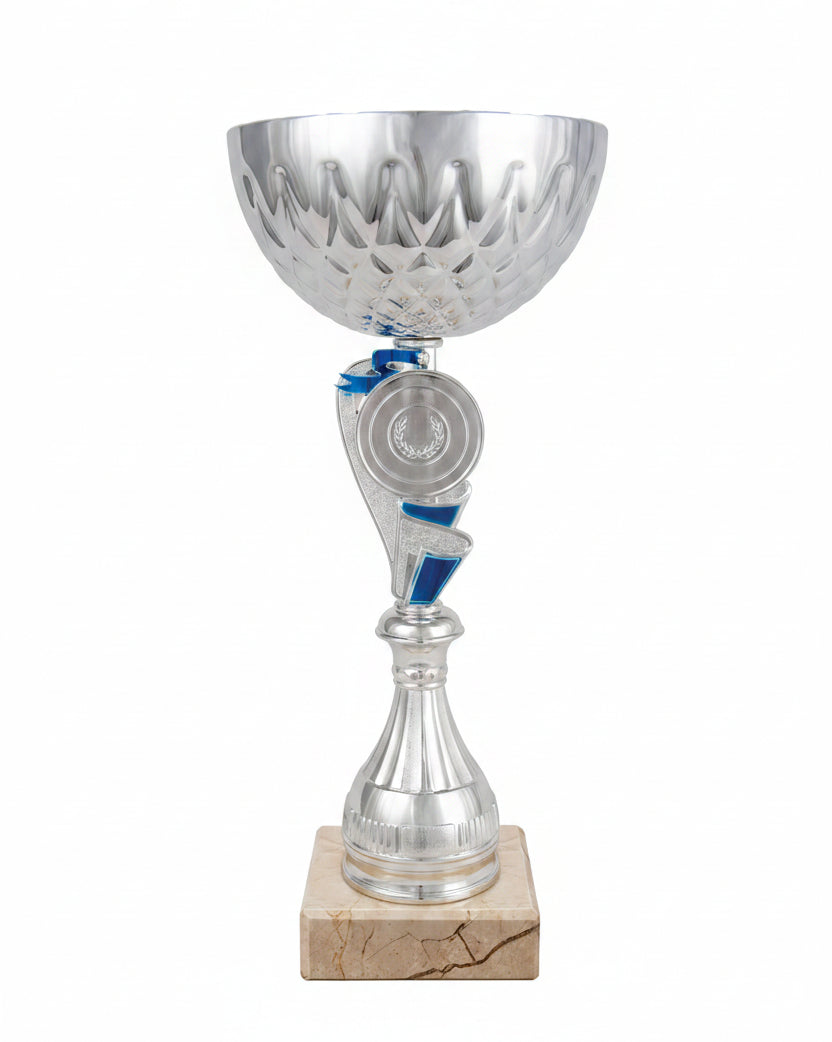 Copa Plateada con Cuenco Calado Corona y Tallo Asimétrico Bicolor Azul con Medallón
