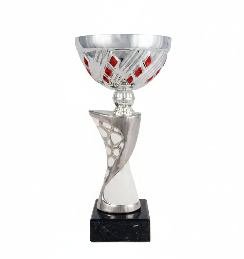Copa Plateada con Cuenco Rombos Rojos y Tallo Torsionado Calado Blanco