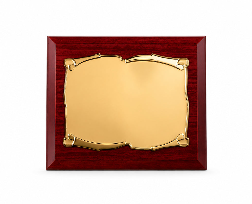 Placa de Madera con Marco Tipo Pergamino Dorado