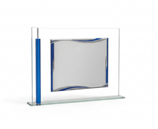 Placa homenaje sobre cristal marco azul