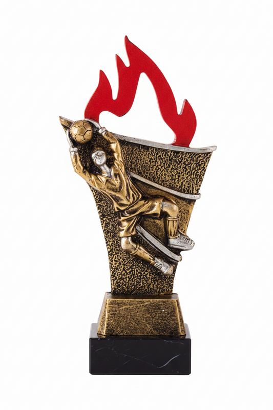 Trofeo Portero Futbol con Figura en Accion y Llama Roja-Base marmol