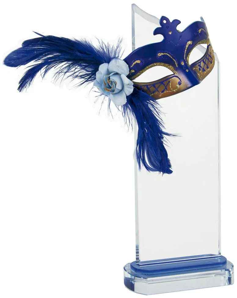 Trofeo Carnaval Cristal Máscara Azul con Plumas