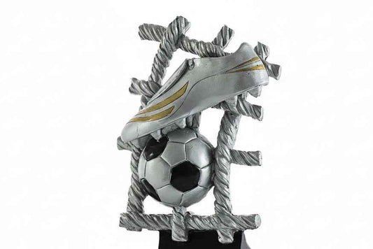 Trofeo Fútbol Bota, Balón y Red Plateado Dorado Negro