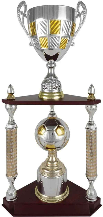 Trofeo Copa Plateada y Dorada con Base de Madera y Columnas