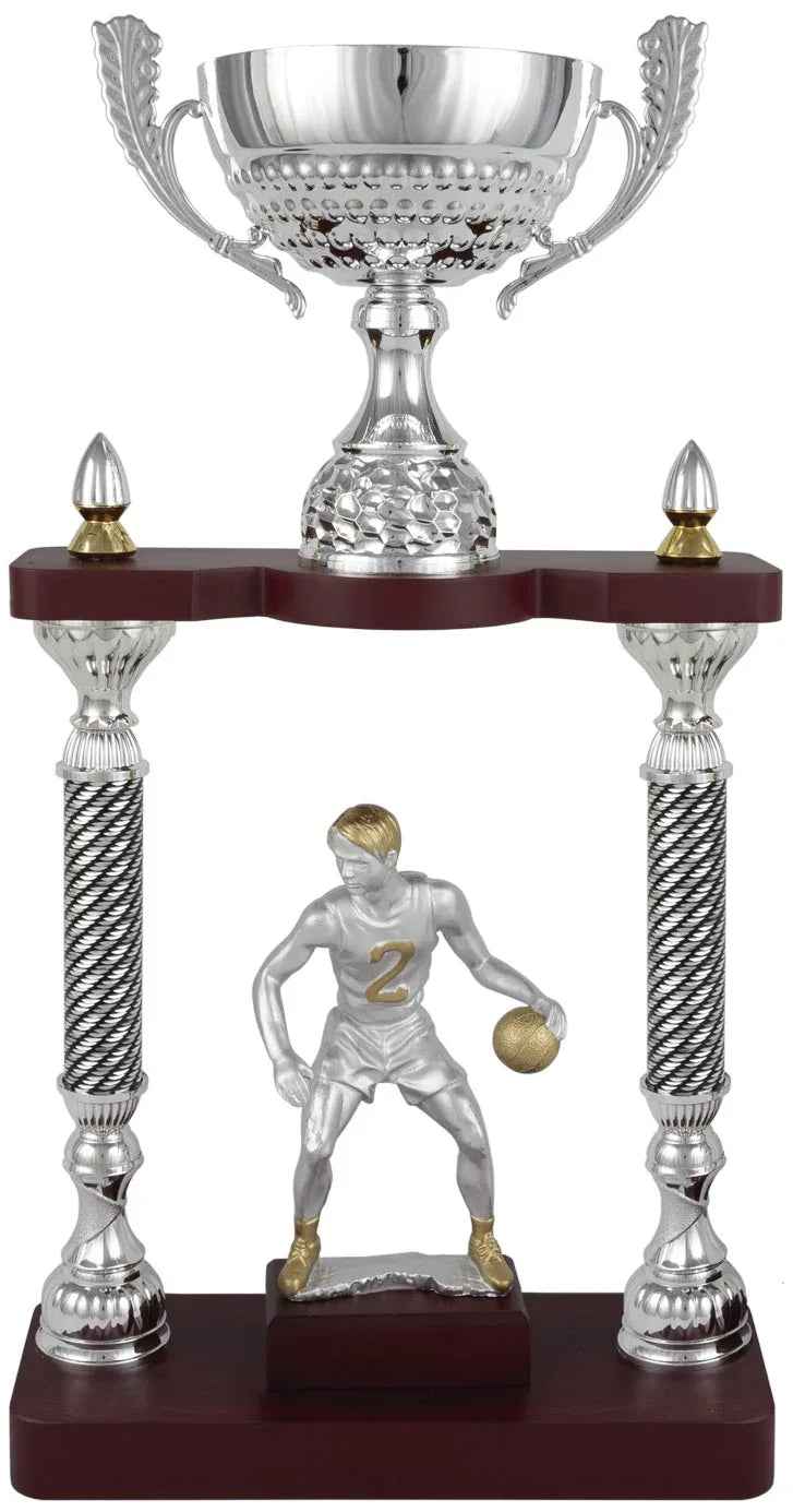 Trofeo Copa Plateada con Columnas Rayadas y Base de Madera