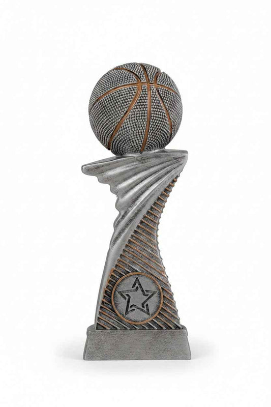Trofeo Baloncesto Plateado con Balón sobre Columna Torsionada y Medallón Estrella