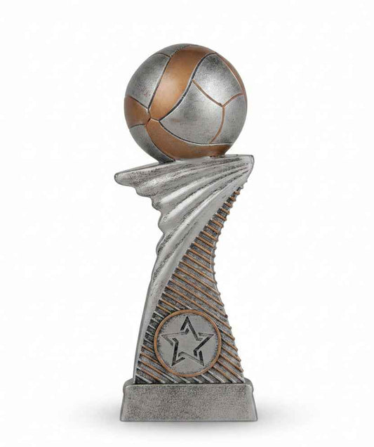 Trofeo Voleibol Plateado con Balón sobre Columna Torsionada y Medallón Estrella