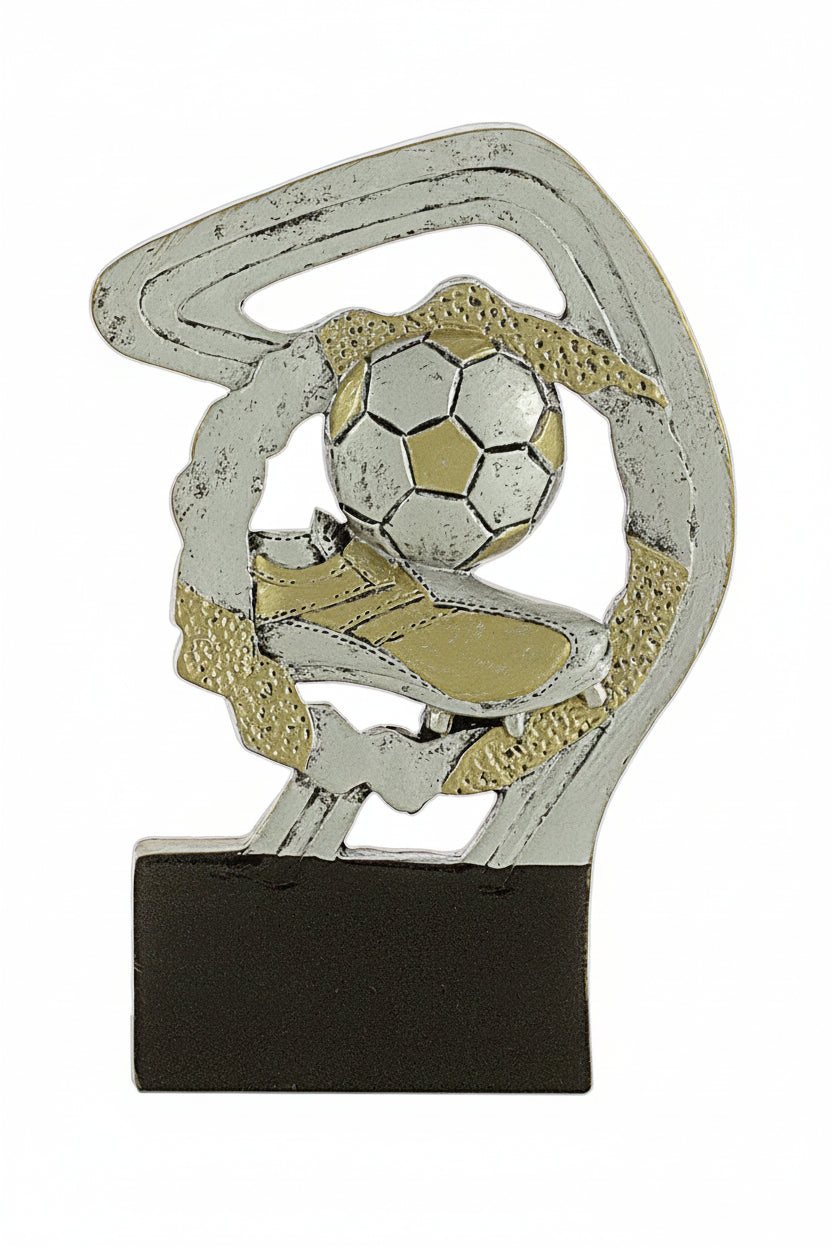 Trofeo Fútbol Plateado y Dorado con Bota y Balón sobre Marco Calado y Base Negra 12 cm