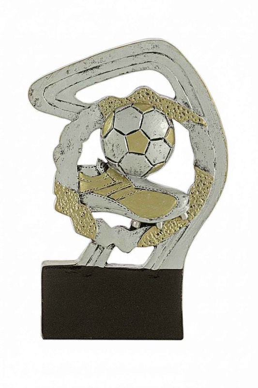 Trofeo Fútbol Plateado y Dorado con Bota y Balón sobre Marco Calado