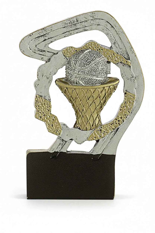 Trofeo Baloncesto Plateado y Dorado con Canasta y Balón sobre Marco Calado