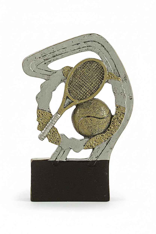 Trofeo Tenis Plateado y Dorado con Raqueta y Pelota sobre Marco Calado