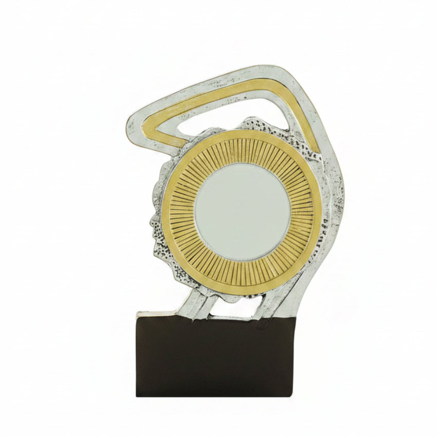 Trofeo Multideporte Plateado y Dorado con Portadisco sobre Marco Calado y Base Negra 12 cm