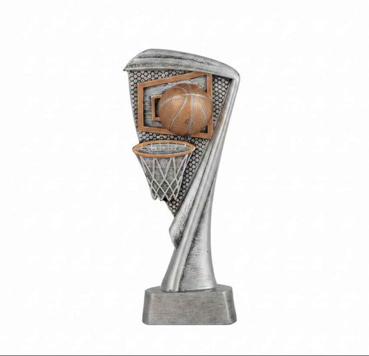Trofeo Baloncesto Plateado con Canasta y Balón en Relieve