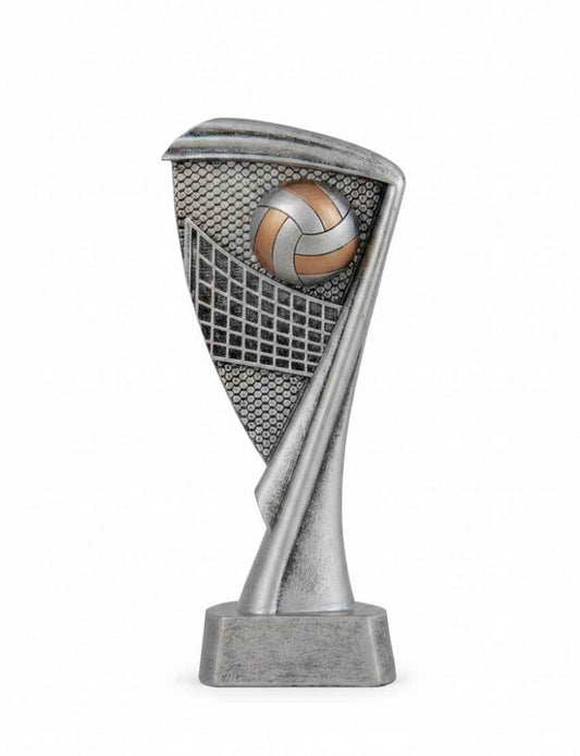 Trofeo Voleibol Plateado con Red y Balón en Relieve