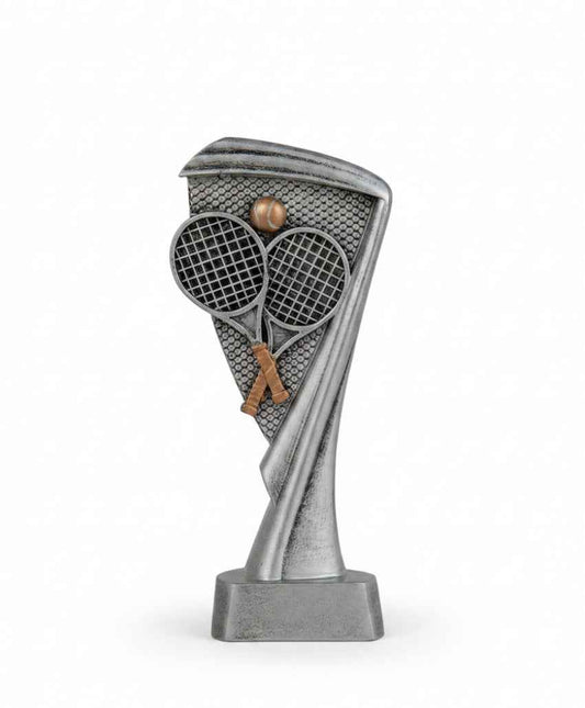 Trofeo Tenis Plateado con Raquetas Cruzadas y Pelota en Relieve