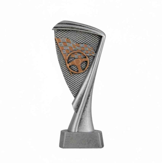 Trofeo Motor Plateado con Volante y Bandera a Cuadros en Relieve