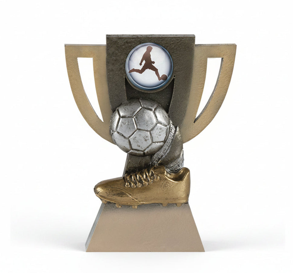 Trofeo Fútbol Dorado con Copa Calada Bota Dorada y Balón Plateado 14 cm