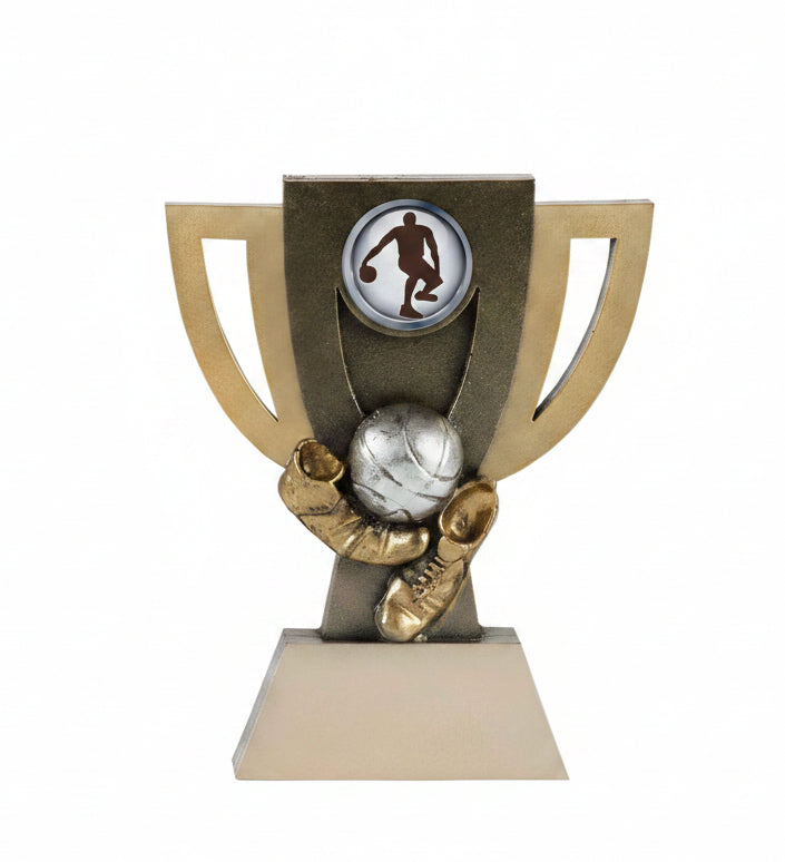 Trofeo Copa Baloncesto con Balón Plateado y Zapatilla Dorada de 14 cm
