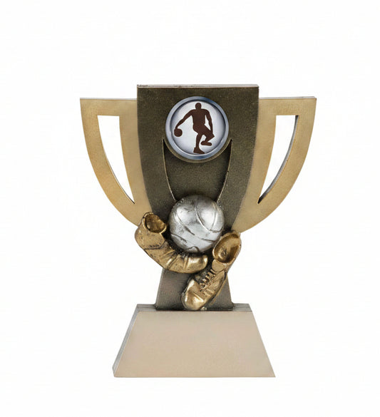 Trofeo Copa Baloncesto con Balón Plateado y Zapatilla Dorada de 14 cm