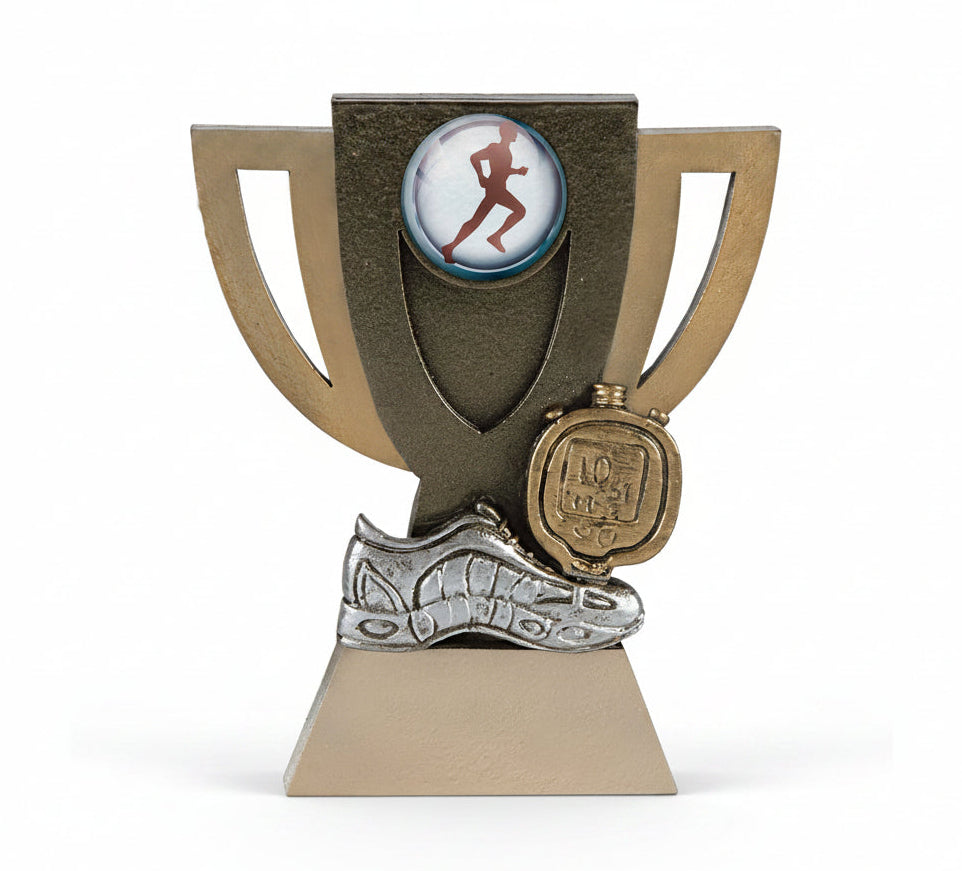 Trofeo Atletismo Dorado con Copa Calada Zapatilla Plateada y Cronómetro Dorado 14 cm