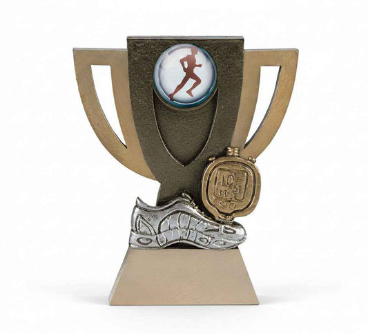 Trofeo Atletismo Dorado con Copa Calada, Zapatilla Plateada y Cronómetro Dorado