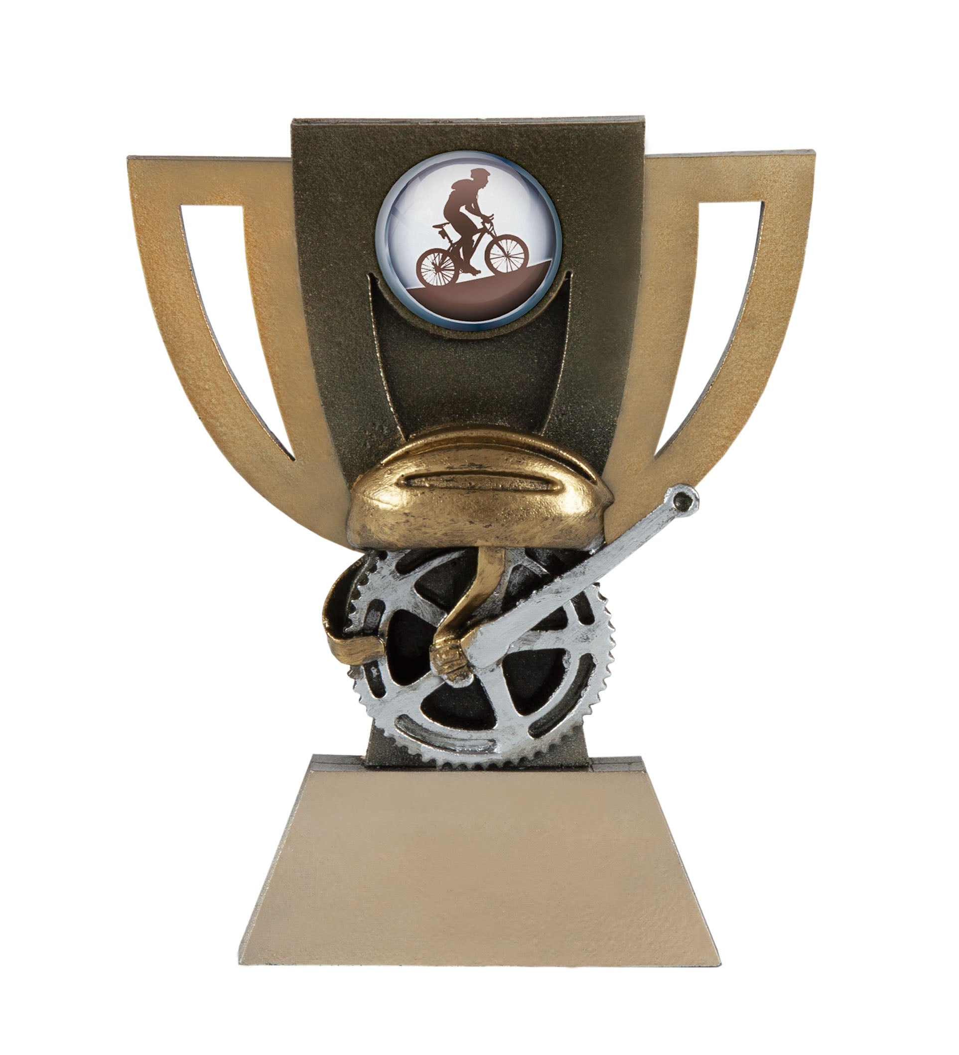 Trofeo Ciclismo Dorado con Copa Calada Casco Dorado y Piñón Plateado 14 cm