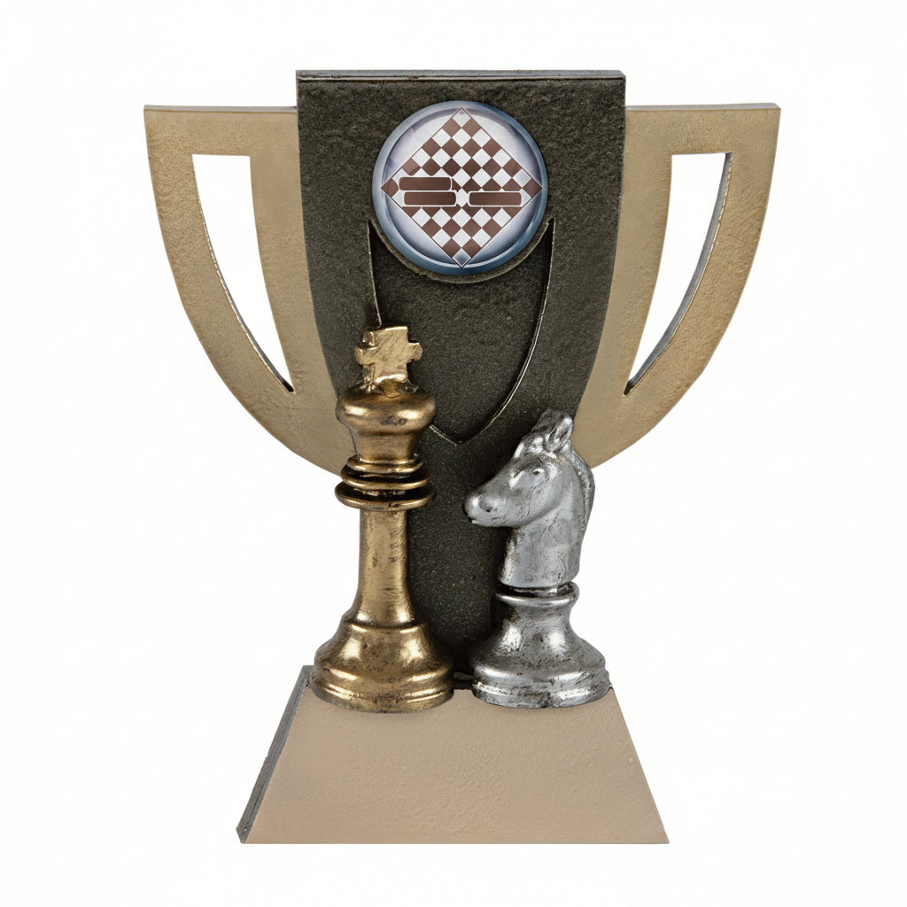 Trofeo Ajedrez Dorado con Copa Calada Rey Dorado y Caballo Plateado 14 cm