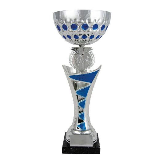 Copa Plateada Cuenco Círculos Azules Tallo Franjas Azules-Trofeos Robles
