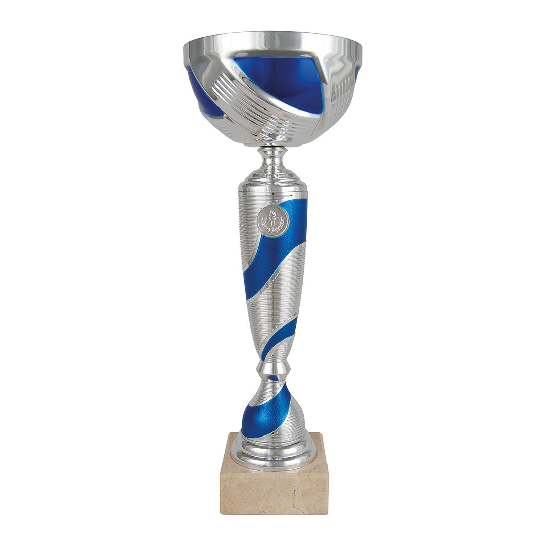 Trofeo Copa Plateada con Cuenco Ondulado y Tallo con Espiral Azul -Trofeos Robles