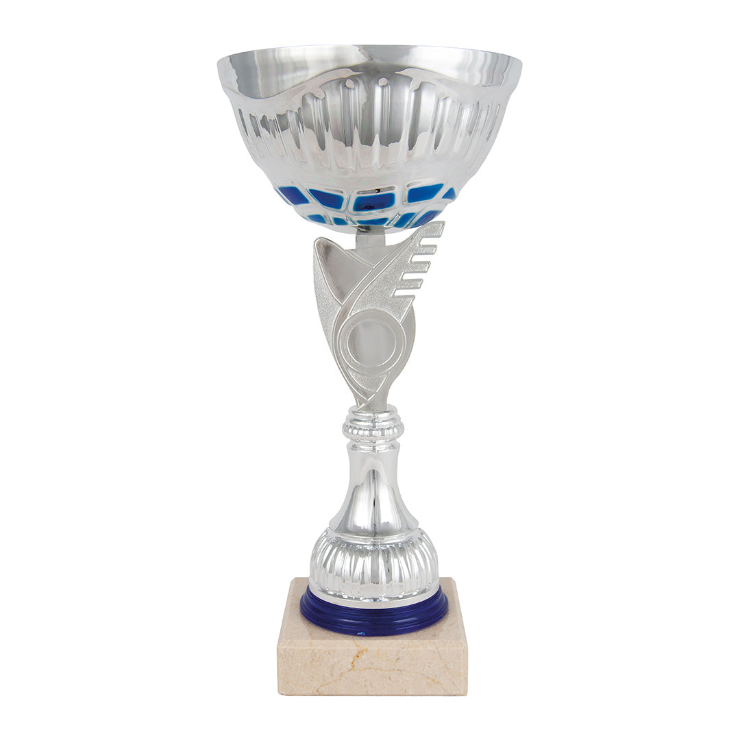 Copa Plateada con Cuenco Estriado Azul y Tallo con Medallón Calado