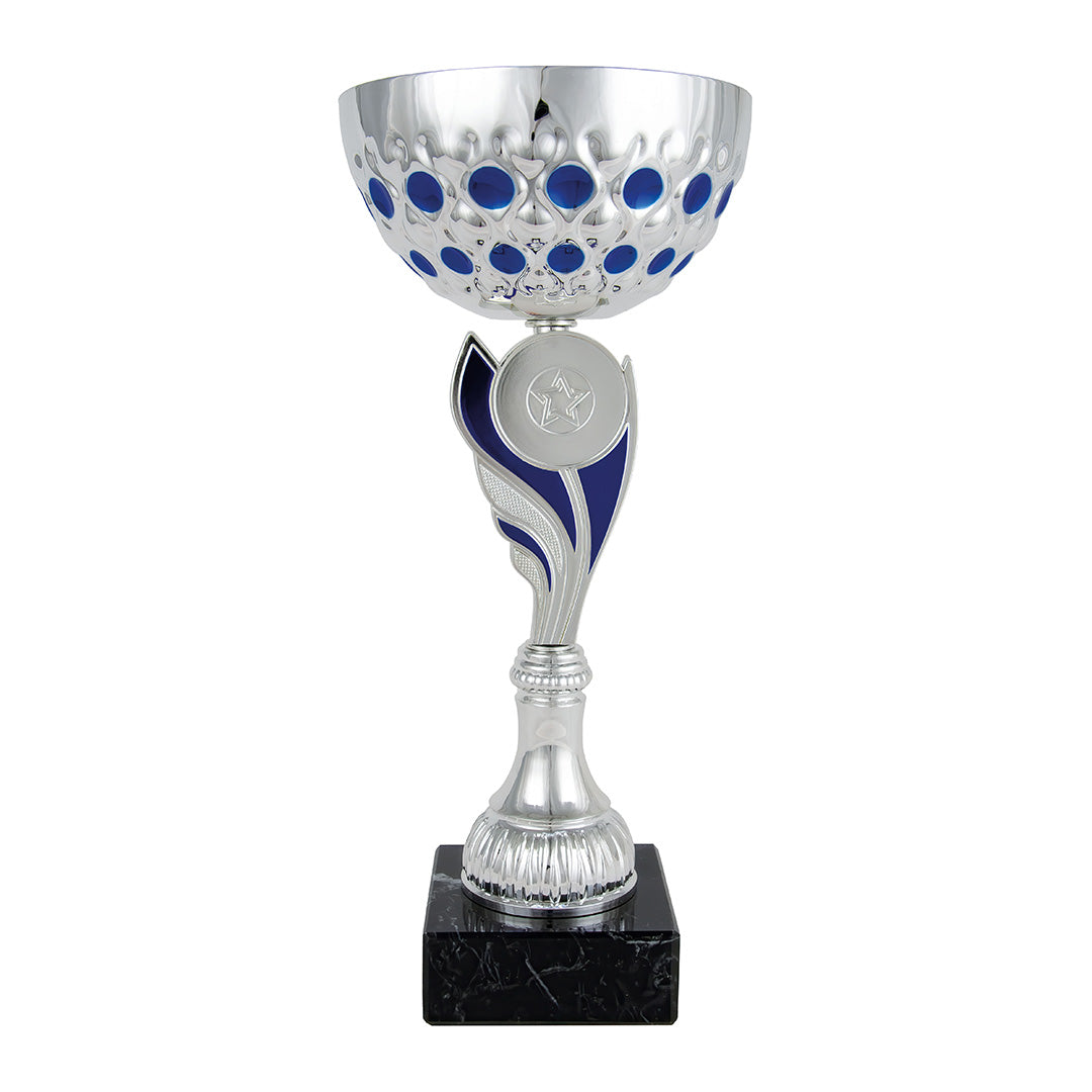 Copa Plateada con Cuenco Calado Círculos Azules y Tallo con Llama Azul
