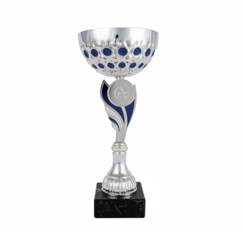 Copa Plateada con Cuenco Calado Círculos Azules y Tallo con Llama Azul