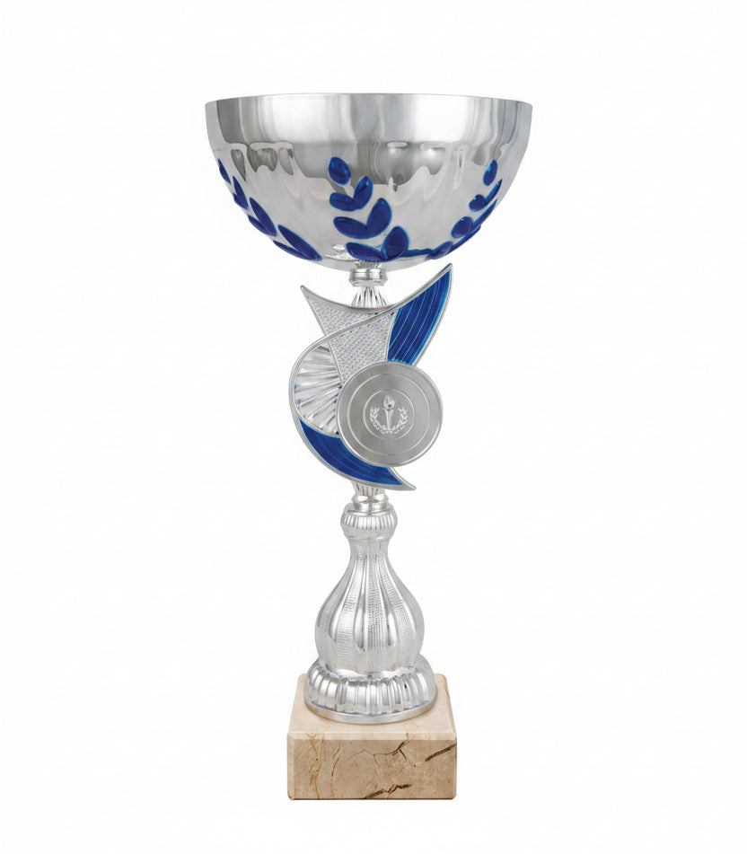 Copa Plateada con Cuenco Semiesférico Laureles Azules y Tallo Asimétrico Bicolor con Medallón