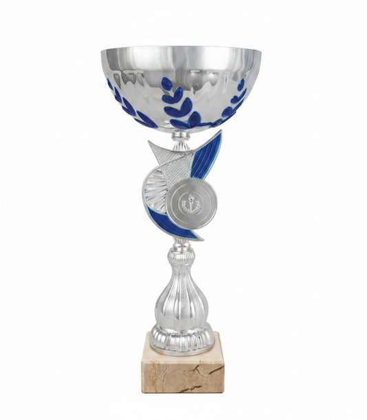 Copa Plateada con Cuenco Semiesférico Laureles Azules y Tallo Asimétrico Bicolor con Medallón