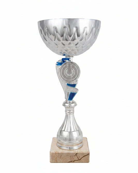 Copa Plateada con Cuenco Calado Corona y Tallo Asimétrico Bicolor Azul con Medallón