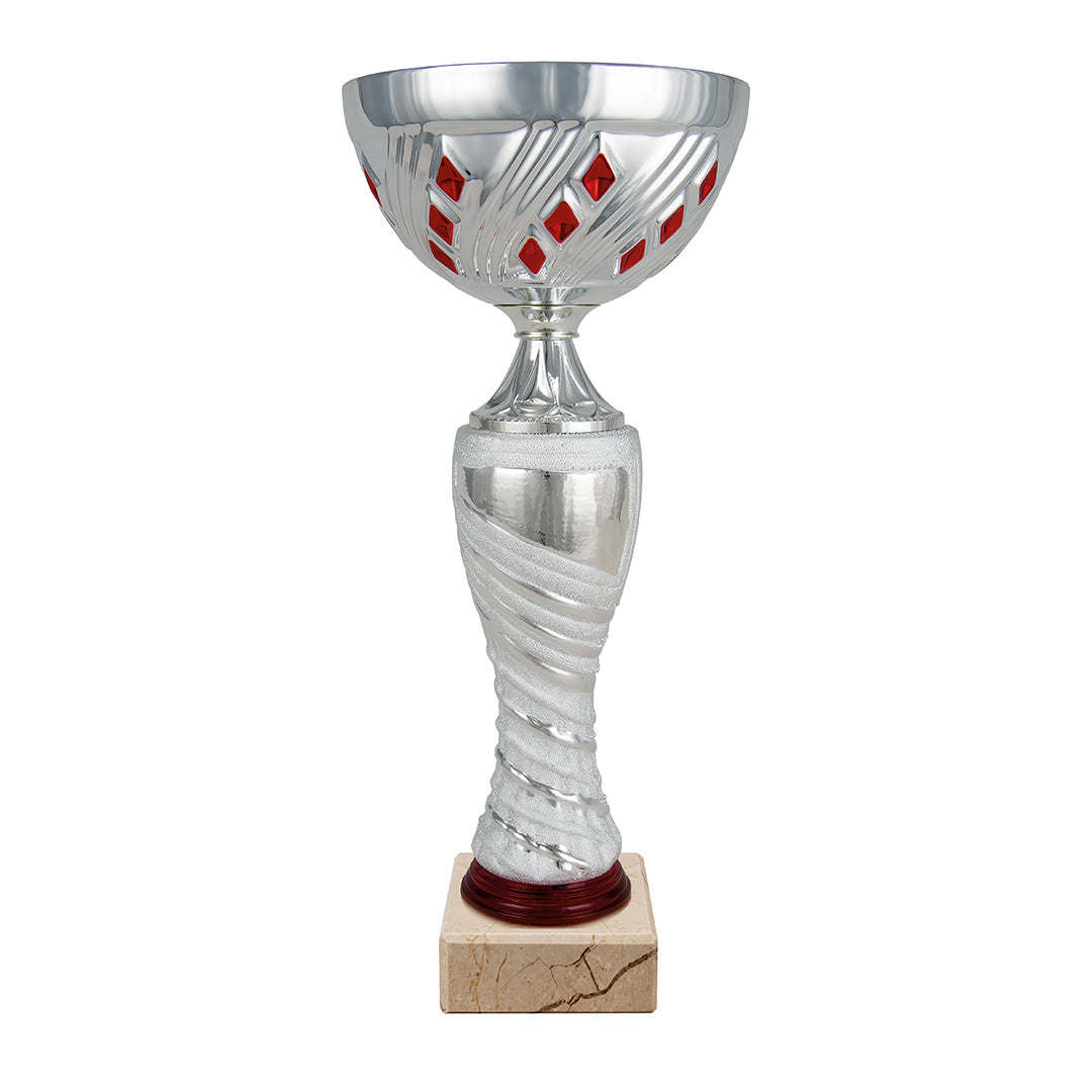 Copa Plateada con Cuenco Calado Rombos Rojos y Tallo Torsionado Plateado