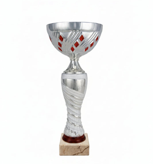 Copa Plateada con Cuenco Calado Rombos Rojos y Tallo Torsionado Plateado