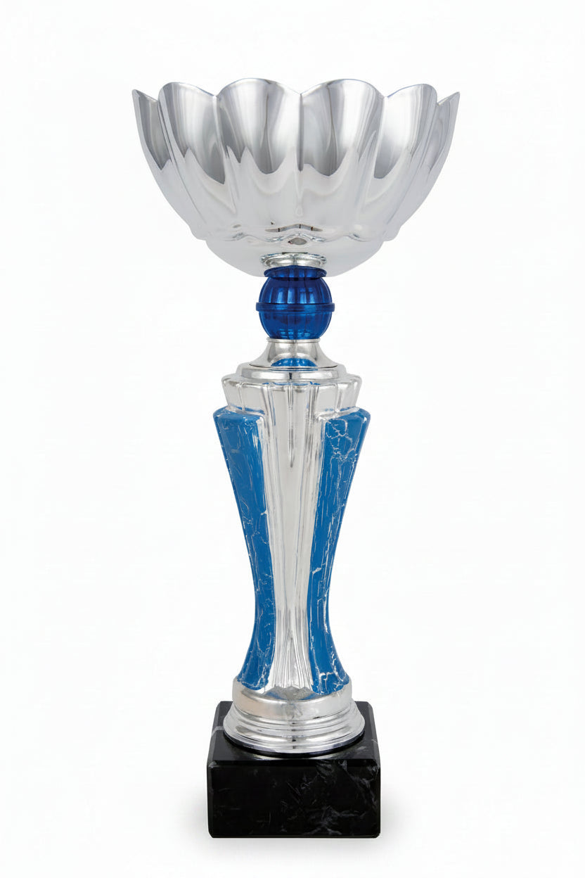 Copa Plateada con Cuenco Pétalos Ondulados y Tallo Bicolor Azul Mármol con Esfera Azul